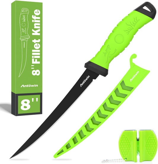 8 Inch Fishing Fillet Knife, Professional Level Knives for Filleting Fish and Boning Meat, Sharp Stainless-Steel Non-Stick Coating Blade, Non-Slip Handles, with 1 Two Stage Knife Sharpener - PuriLite