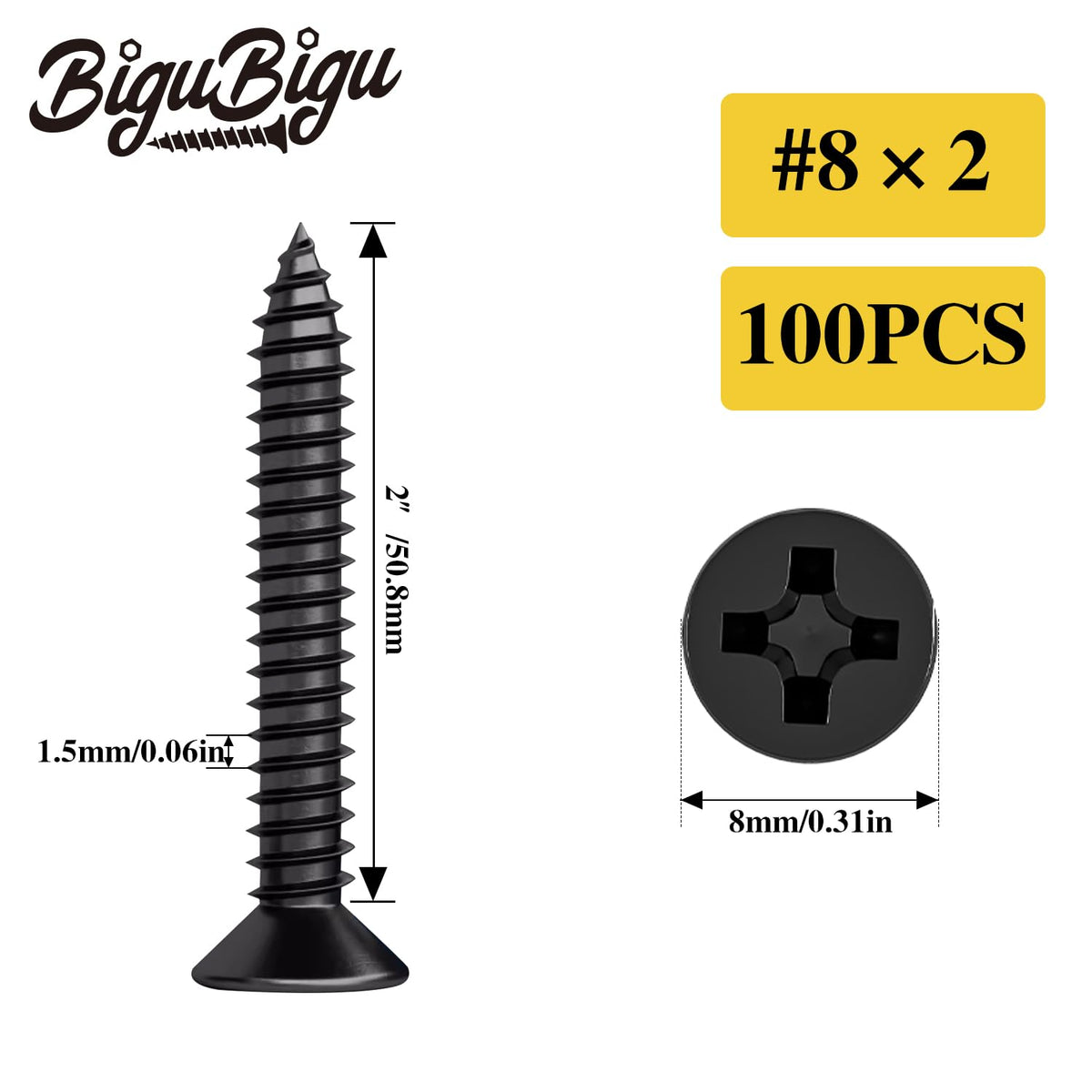#4 * 2" Wood Screws, Flat Head Phillips Black Stainless Steel, 100Pcs Corrosion Resistant for Wood, Drywall Applications, and Outdoor Use - PuriLite