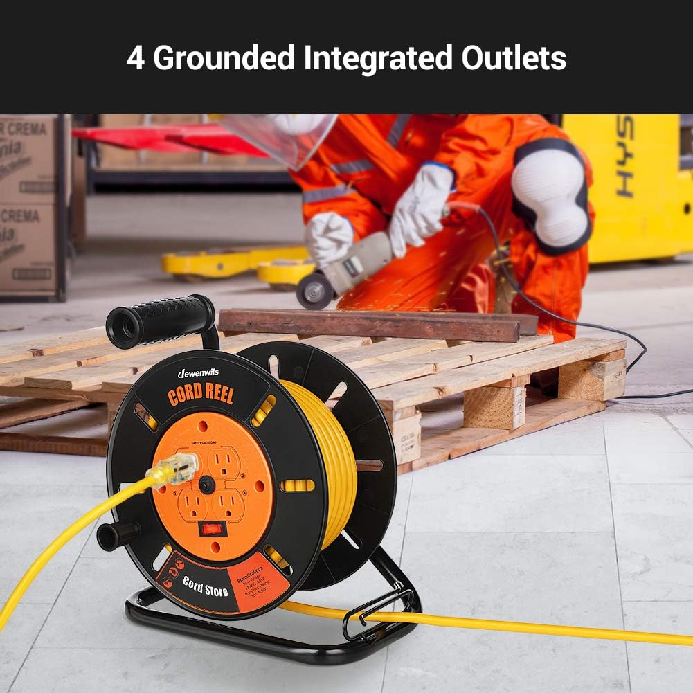DEWENWILS Extension Cord Storage Reel with 4-Grounded Outlets, Heavy Duty Open Cord Reel for 12/3,14/3,16/3 Gauge Power Cord, Hand Wind Retractable, 10A Circuit Breaker, Rocker Power Switch - PuriLite