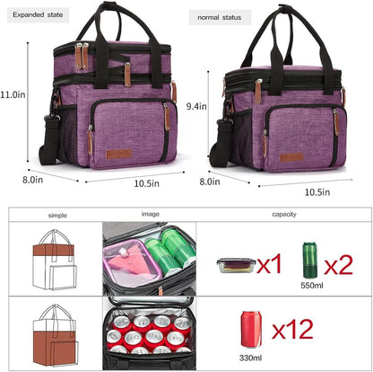 Lunch Bag Women Insulated Lunch Box for Work, Purple Expandable Large Lunch Bags, Leakproof Double Deck Lunch Box Cooler Bag（Purple） - PuriLite