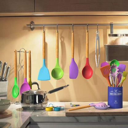 Umite Chef Kitchen Cooking Utensils Set, 33 pcs Non-Stick Silicone Cooking Kitchen Utensils Spatula Set with Holder, Wooden Handle Silicone Kitchen Gadgets Utensil Set (Khaki) - PuriLite