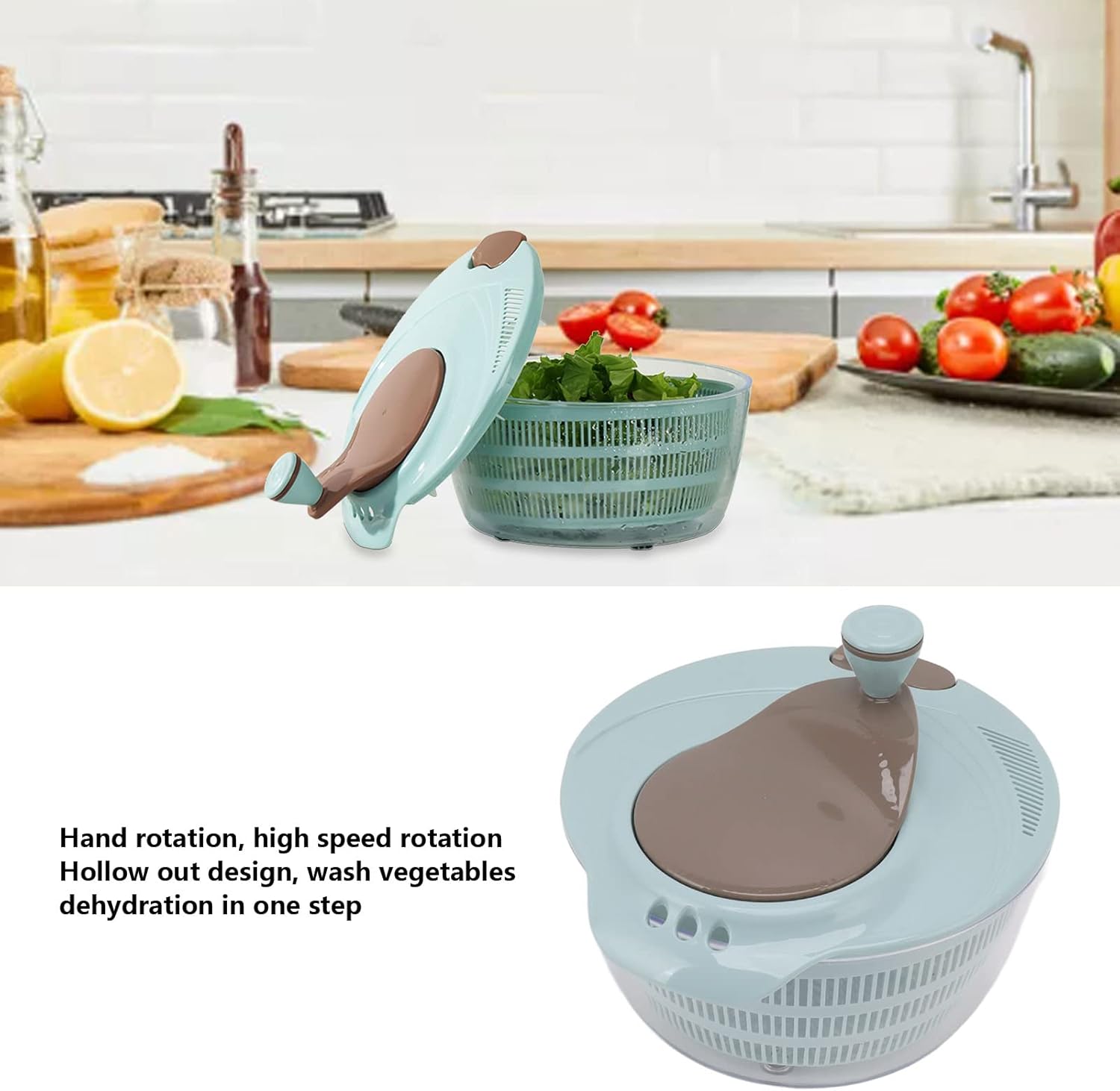 Salad Spinner, Manual Lettuce Dryer Spinner Salad Washer with Lid and Rotatable Handle Easy to Clean Fruit and Vegetable Dryer(Blue) - PuriLite