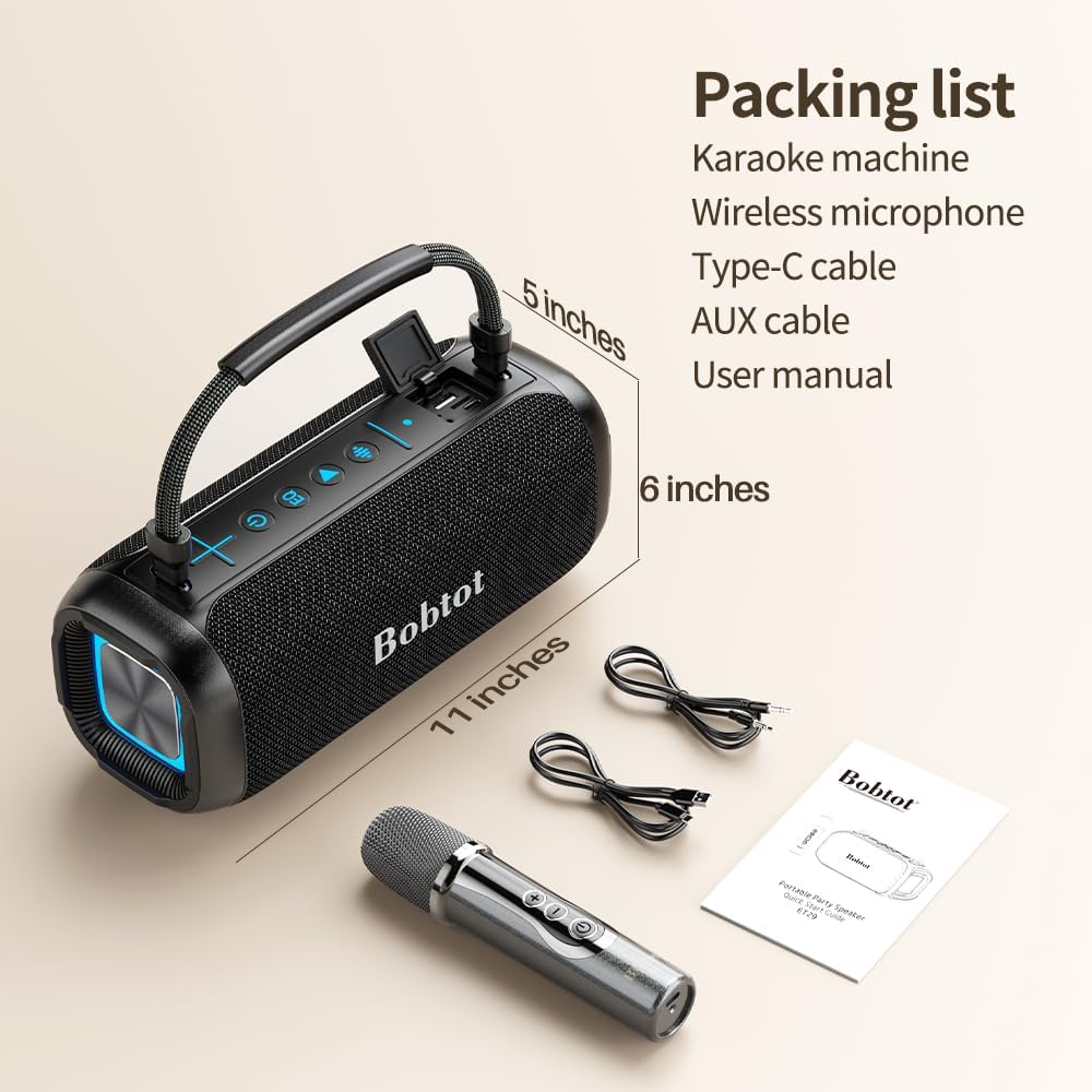 Portable Karaoke Machine, Bluetooth Speaker with Microphone, Three Echo Levels, Indoor and Outdoor Modes, IPX6, BT 5.3, Supports AUX, TF, USB - PuriLite