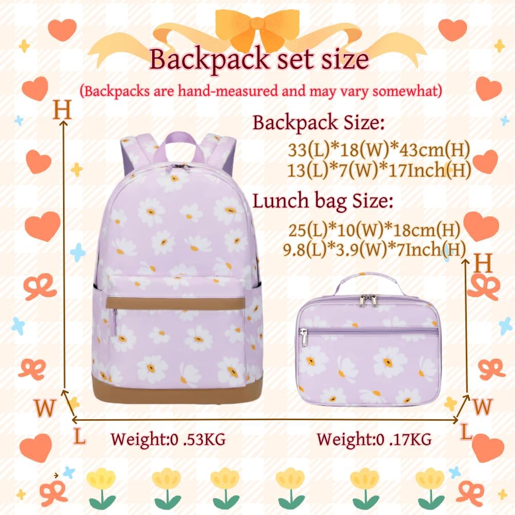 3Pcs Daisy Prints Backpack for Girls Bookbag set Primary School Daypack Elementary Students Knapsack with Lunch Box - PuriLite