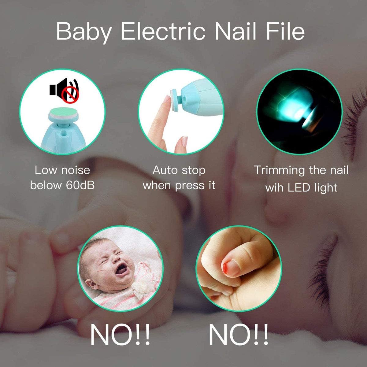 Baby Nail Trimmer File Electric Safe Nail Clippers with Light for Newborn or Toddler Toes and Fingernails (Blue) - PuriLite