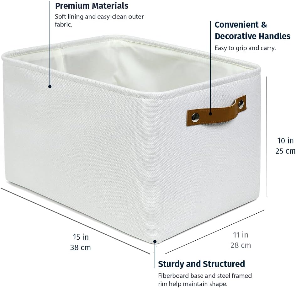 OrganiHaus Large Fabric Storage Baskets for Shelves 3 Pack, 15x11in Closet Storage Bins for Shelves, Cloth Baskets, Fabric Storage Cubes, Linen Closet Organizers, Fabric Basket, White Basket - PuriLite