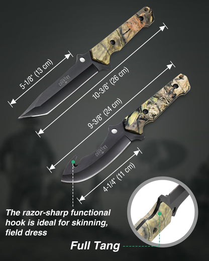 Mossy Oak 2-Piece Hunting Knives Gut Hook Set with Sheath Fixed Blade Stainless Steel Blades - PuriLite