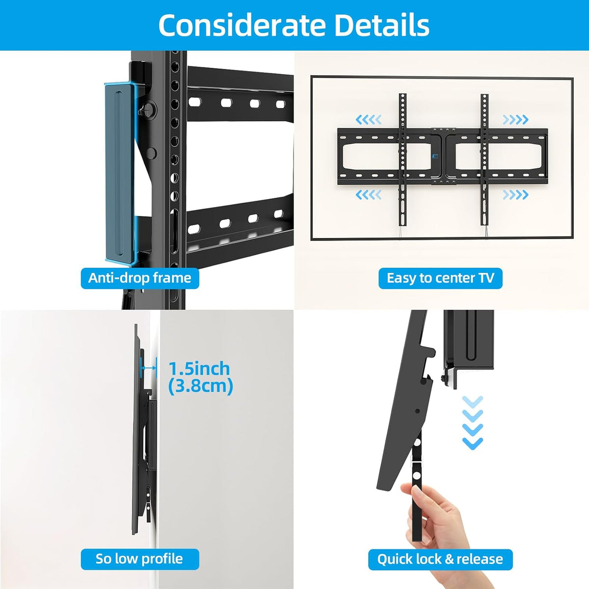 HOME VISION TV Wall Mount Tilt for Most 32-84 inch Flat Curved TV, Low Profile Tilting Wall Mount TV Bracket Fits 16”-18”-24” Wood Stud, Max VESA 600X400mm, Up to 165lbs, Quick Release - PuriLite