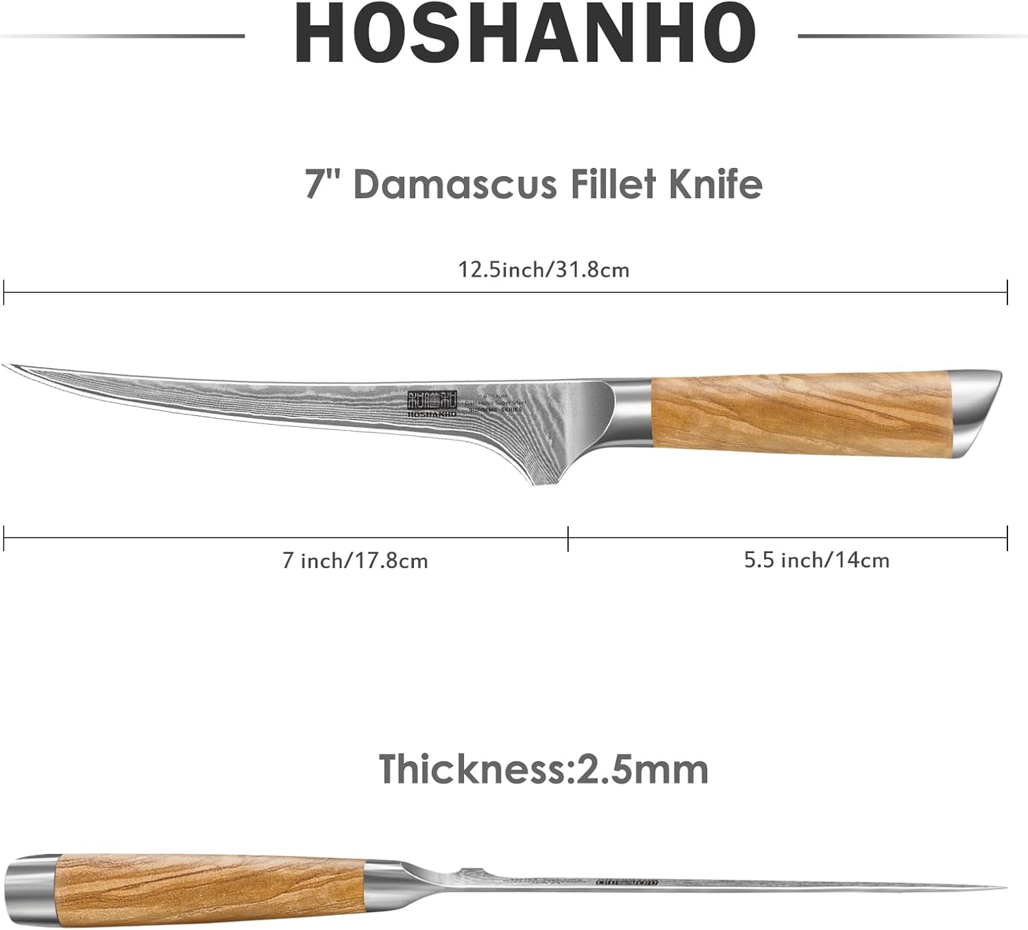 HOSHANHO Damascus Fillet Knife 7 Inch, Professional VG-10 Super Steel Boning Knife, Ultra Sharp Fish Knife with Ergonomic Handle - PuriLite
