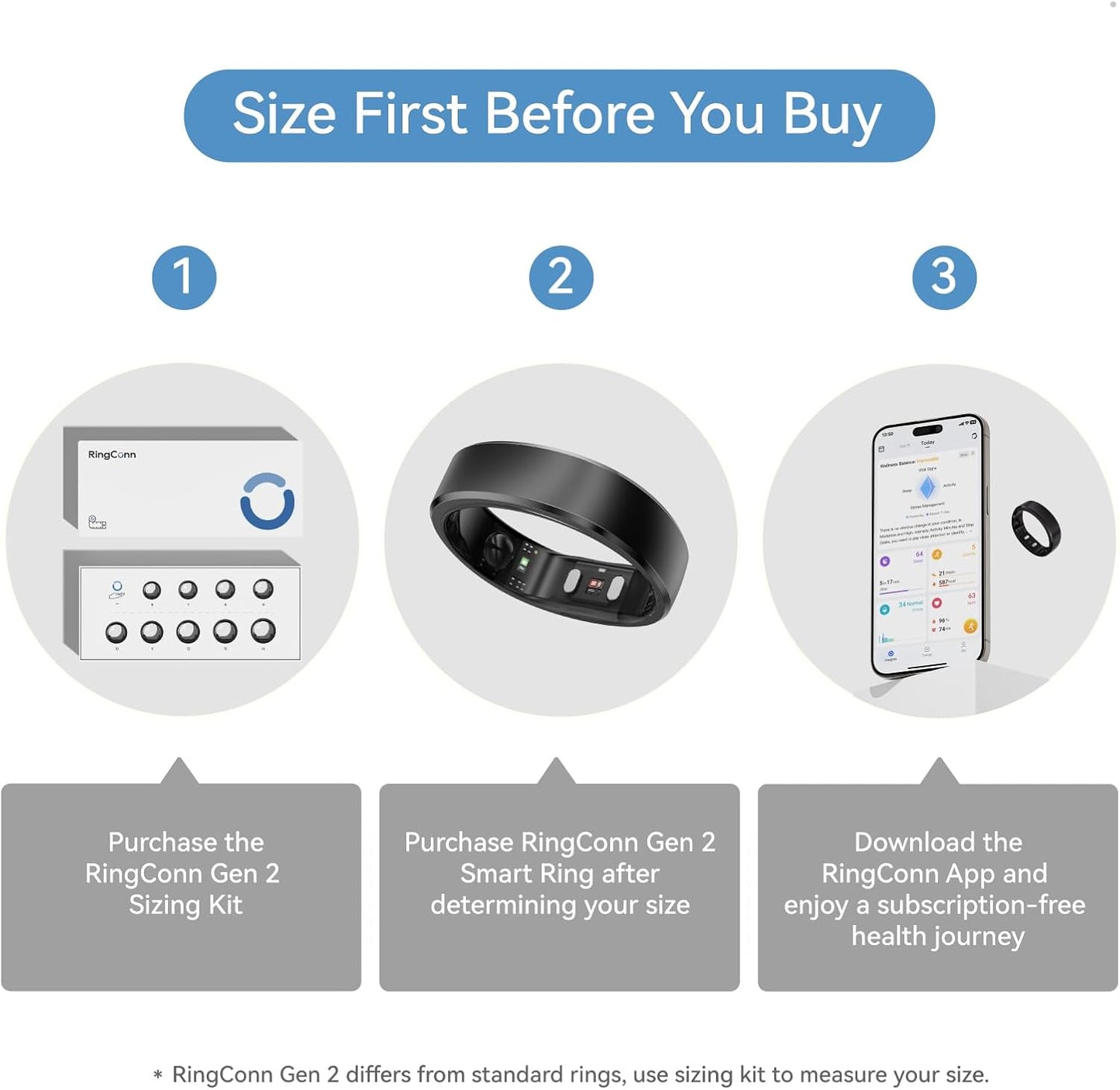 RingConn Gen 2 Smart Ring, No App Subscription, Size First with Sizing Kit, 12-Day Battery Life, Stress/Women's Health Tracker, Compatible with Android & iOS (Black, Size 8) - PuriLite