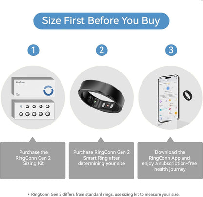 RingConn Gen 2 Smart Ring, No App Subscription, Size First with Sizing Kit, 12-Day Battery Life, Stress/Women's Health Tracker, Compatible with Android & iOS (Black, Size 8) - PuriLite