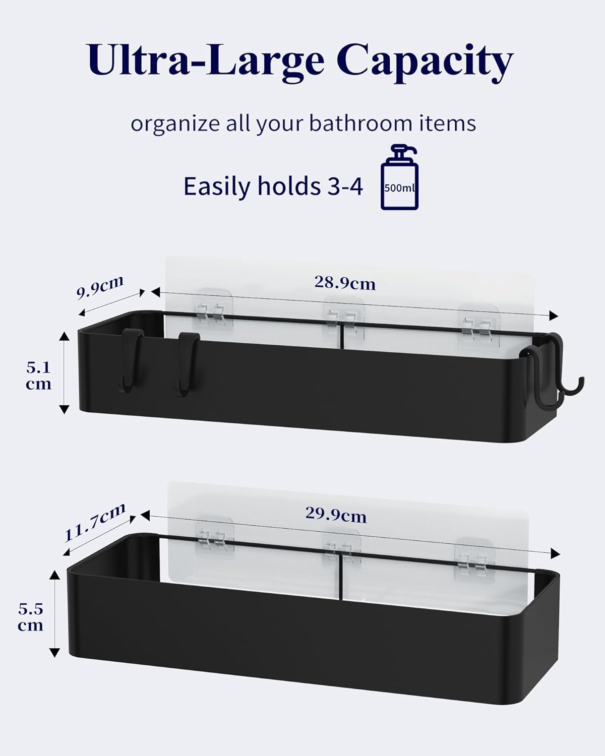 Kitsure Large Shower Caddy - 2 Pack Adhesive Shower Organizer, Drill-Free Shower Shelves for Inside Shower, Rustproof Bathroom Shelf Shower Shelf for Bathroom, Black - PuriLite