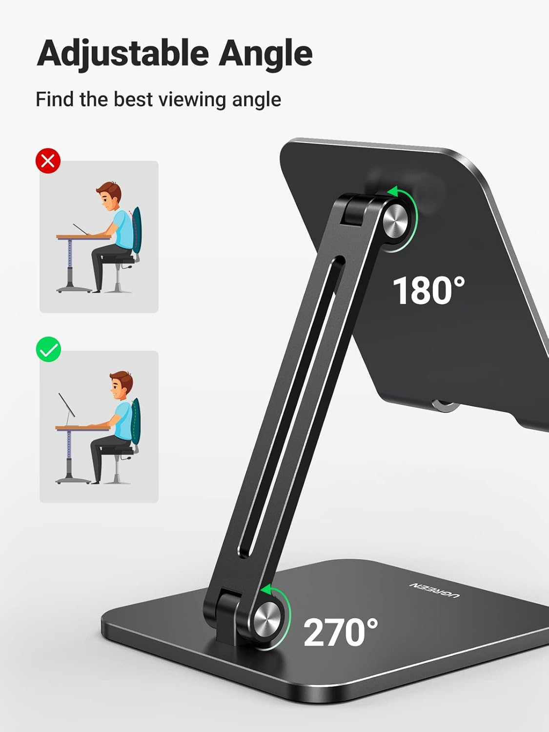 UGREEN Tablet Stand for Desk, Aluminum Stand for iPad Extended Height, Adjustable Foldable Portable Desktop Stand Holder for iPad Pro 12.9 11 9.7 10.5 iPad Air Mini Galaxy Surface iPhone 14 Pro, Grey - PuriLite