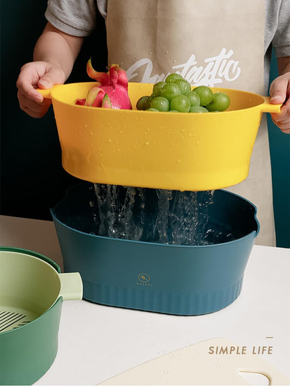 Kitchen Washbas Food Strainer Drain Basket Rotating Drainer Double-Layer Basin Vegetable Fruit Washing Strainer - PuriLite