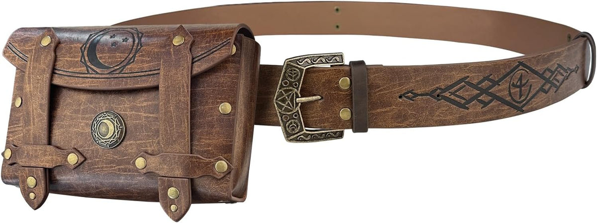 HiiFeuer 3PCs Medieval Alchemy Faux Leather Belt Bag Set with 5 Cork Potion Vials, Fantasy Embossed Wizard Halloween Belt(Brown A) - PuriLite