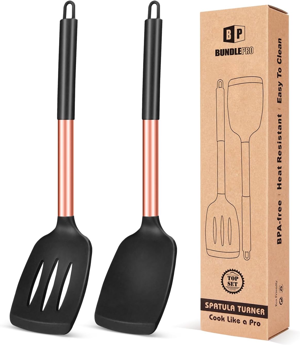 Pack of 2 Silicone Slotted Spatula,Non Stick Solid Kitchen Turner, High Heat Resistant BPA Free Cooking Utensils for Fish, Eggs, Pancakes（Black - PuriLite