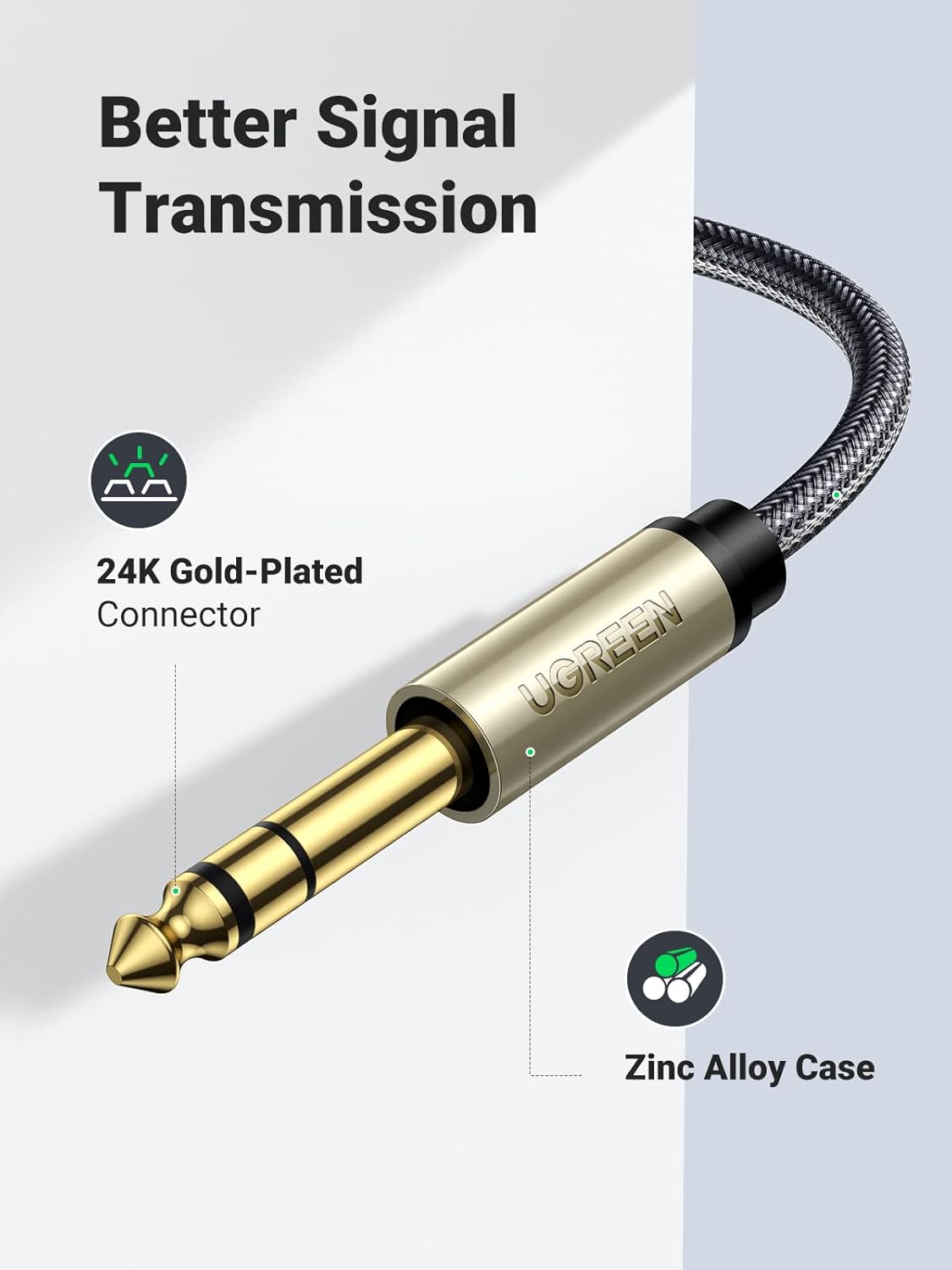 UGREEN 1/8 to 1/4 Inch Cable, 3.5mm TRS to 6.35mm Audio Cable Guitar to Aux Male Cord with Zinc Alloy Housing and Nylon Braid for Amplifier, Mixer, Digital Keyboard, Home Theater, Laptop, 6.6FT - PuriLite