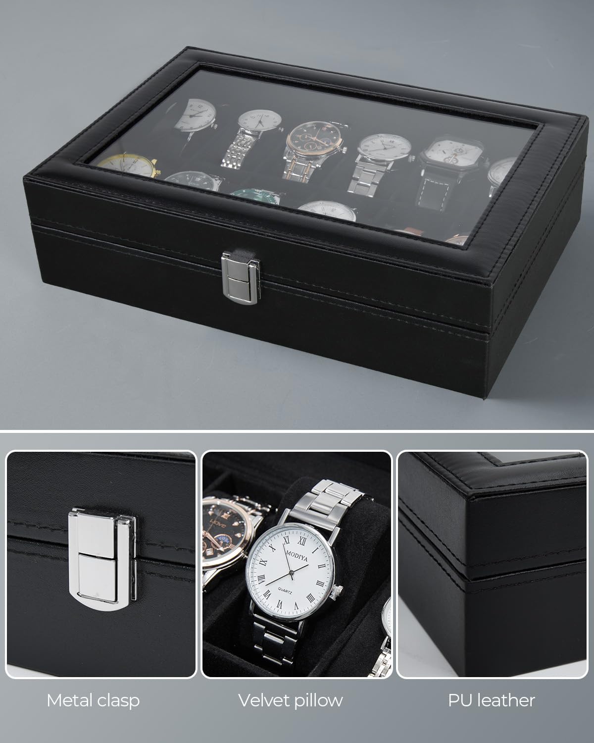 Ohuhu Watch Box Organizer for Men -12 Slot Leather Watch Case with Real Glass Lid Watch Display Case, Watch Organizer Jewelry Storage Box - PuriLite