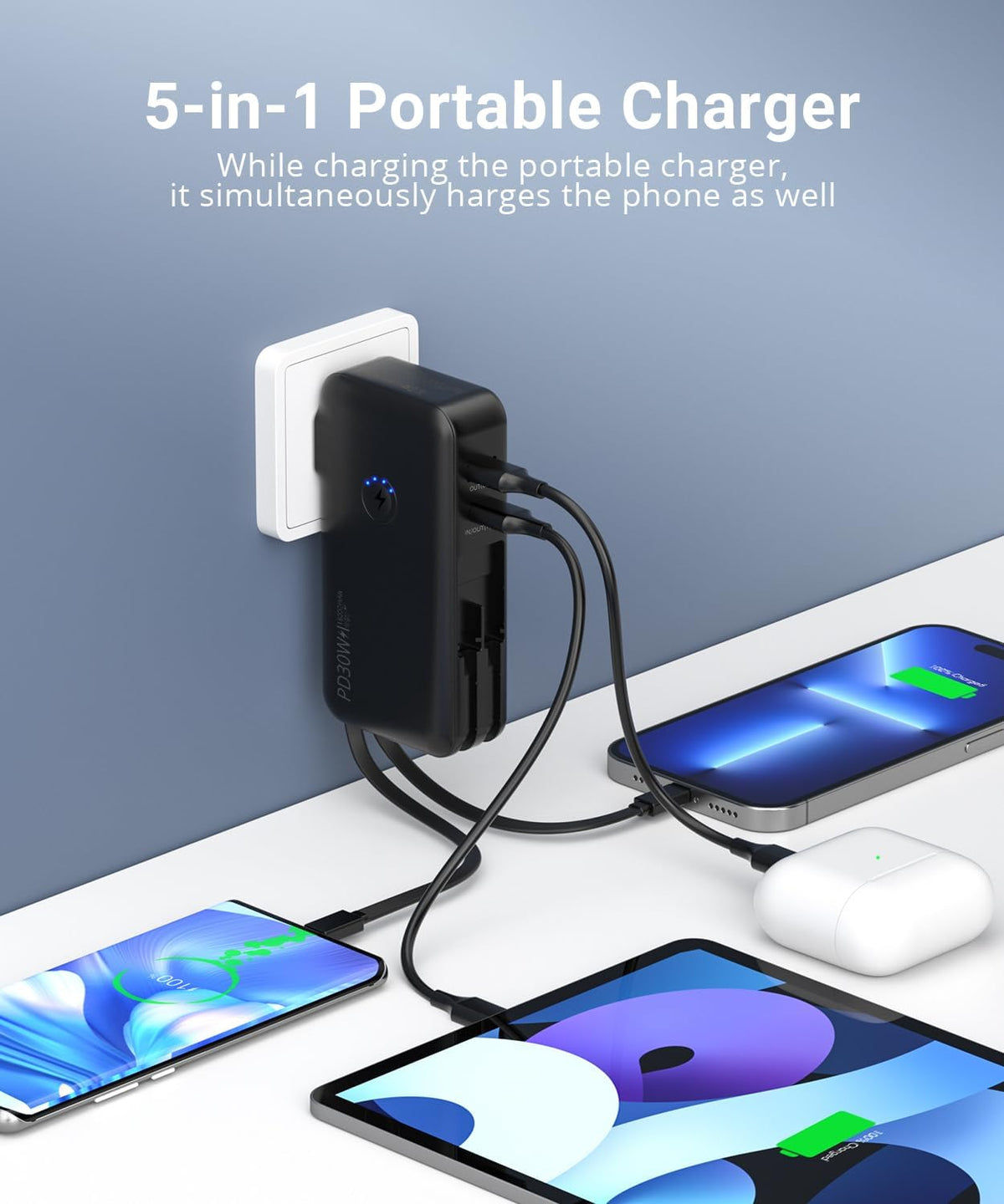 Portable Charger, Power Bank, 16000mAh Power Bank Built-in AC Wall Plug and Cables, PD 30W and QC4.0 Fast Charger for iPhone and Android Phones and Most Electronic Devices (Black) - PuriLite