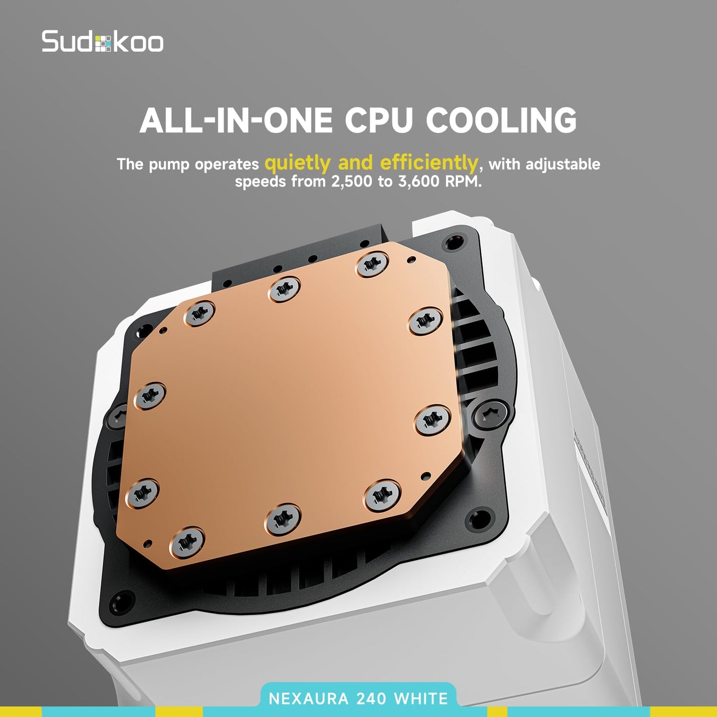 Sudokoo NEXAURA 240 Liquid CPU Cooler: 240mm AIO CPU Cooler with PWM Pump & ARGB Pump Head - Water Cooling with FDB Fans for Intel LGA 1851/1700/1200/115X AMD AM5/AM4 - Black - PuriLite