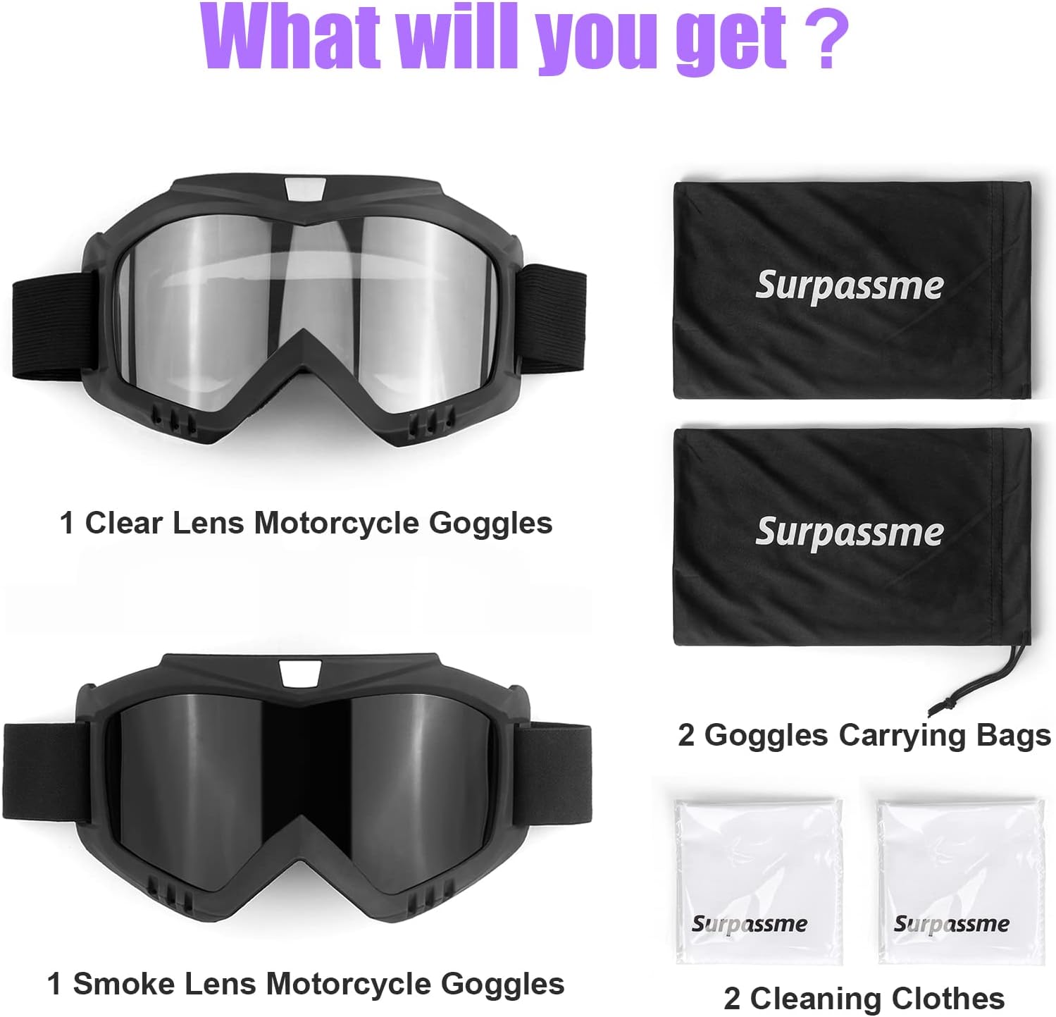 surpassme 2 Dirt Bike Goggles, UV Protection Motocross/MX Goggles Compatible Helmet, Motorcycle Ridding Goggles Fit Glasses for Men/Women - PuriLite
