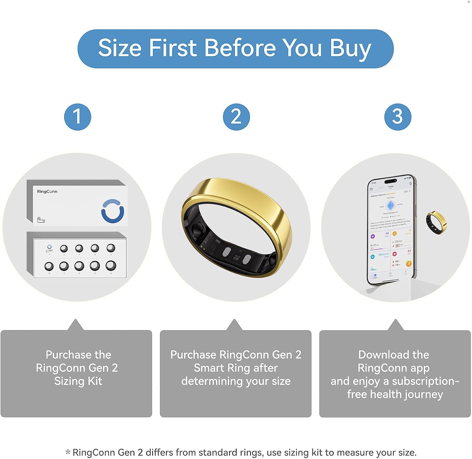 RingConn Gen 2 Smart Ring, No App Subscription, Size First with Sizing Kit, 12-Day Battery Life, Stress/Women's Health Tracker, Compatible with Android & iOS (Black, Size 8) - PuriLite