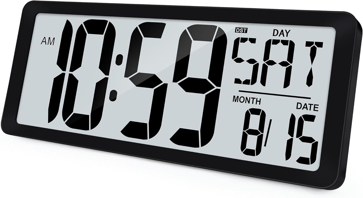 KMMKGG 15" Large Digital Wall Clock Battery Operated, Digital Clock Display with Day, Date & Temperature, Large Wall Clock for Bedroom, Livingroom, Office(4.6" Numbers) - PuriLite