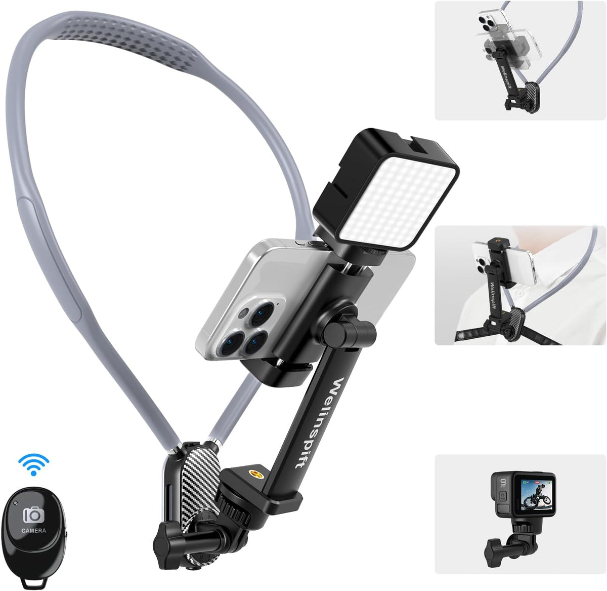 Upgraded Neck Phone Holder with Anti-Shake Strap & Fill Light - 65cm Adjustable POV/Vlog Phone Mount w/Bluetooth Remote for Hands-Free Recording – Compatible with iPhone, Samsung - PuriLite
