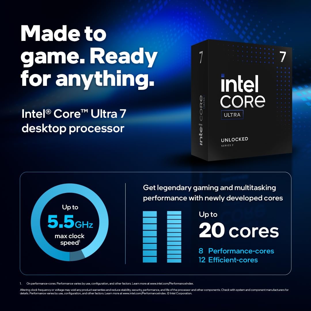 Intel Core Ultra 7 Desktop Processor 265K - 20 cores (8 P-cores + 12 E-cores) up to 5.5 GHz - PuriLite