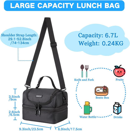 VASCHY Lunch Box Bag Men, Insulated Two Compartments Bento Cooler Bags for Adults/Women/Kids for School,Daycare,Kindergarten,Picnic Black - PuriLite
