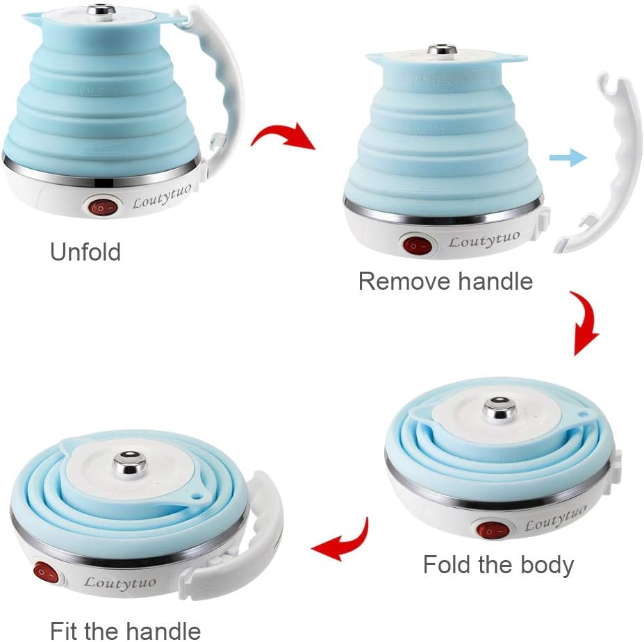 120V 555ML Ultrathin Travel Foldable Electric Kettle with Separable Power Cord and Handle, Boil Dry Protection, Food Grade Silicone - PuriLite