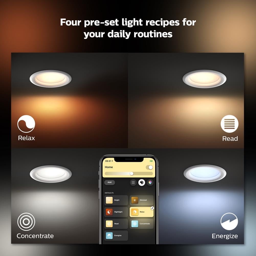 Philips Hue White & Color Ambiance 4" Smart LED Retrofit Can Downlight, Color Changing, Bluetooth & Zigbee Compatible (Hue Hub Optional), Smart Ceiling Lighting - PuriLite