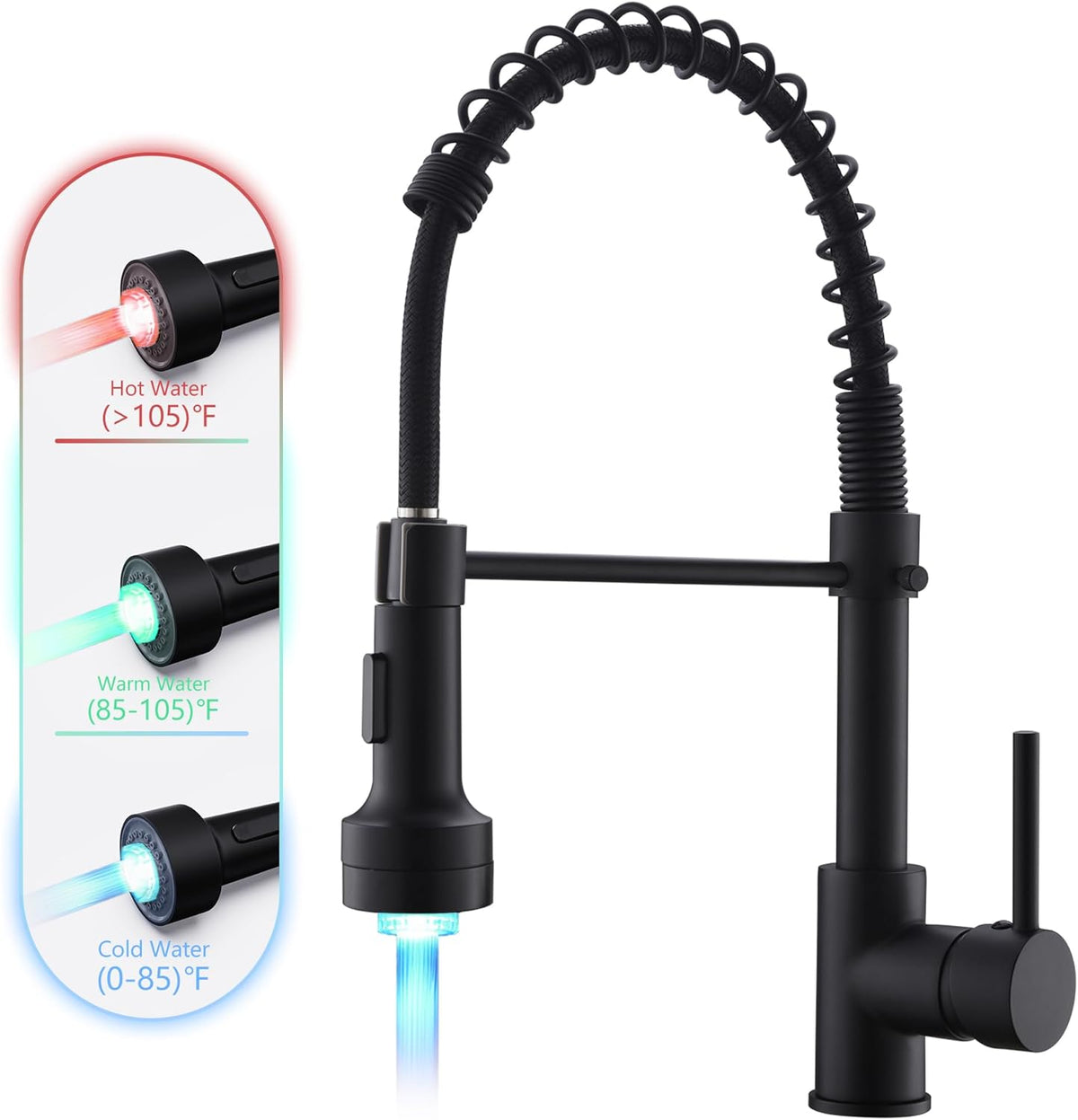 GIMILI Matte Black Kitchen Faucet with LED Light,Single Hole Spring Kitchen Sink Faucet with Pull Down Sprayer - PuriLite