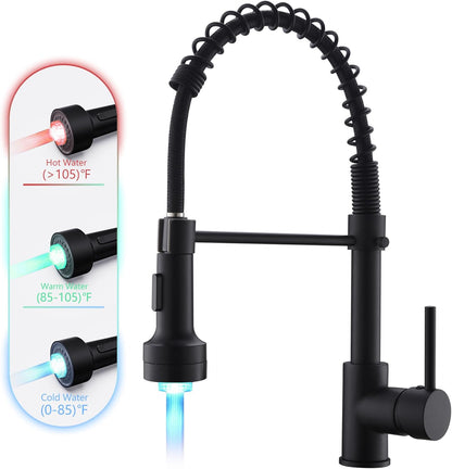 GIMILI Matte Black Kitchen Faucet with LED Light,Single Hole Spring Kitchen Sink Faucet with Pull Down Sprayer - PuriLite