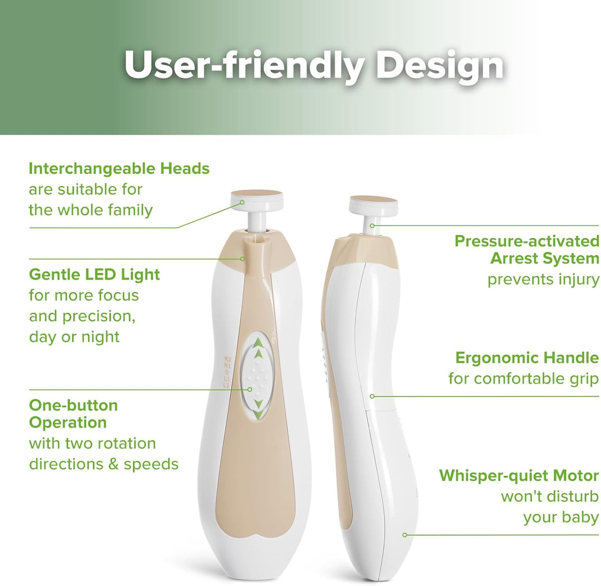 haakaa Baby Nail Trimmer Electric Safe Baby Nail Clippers Baby Nail File Kit Manicure Set, Trim Polish Grooming kit for Newborn Toddler or Adults Toes Fingernails, 6 Grinding Heads and LED Light - PuriLite