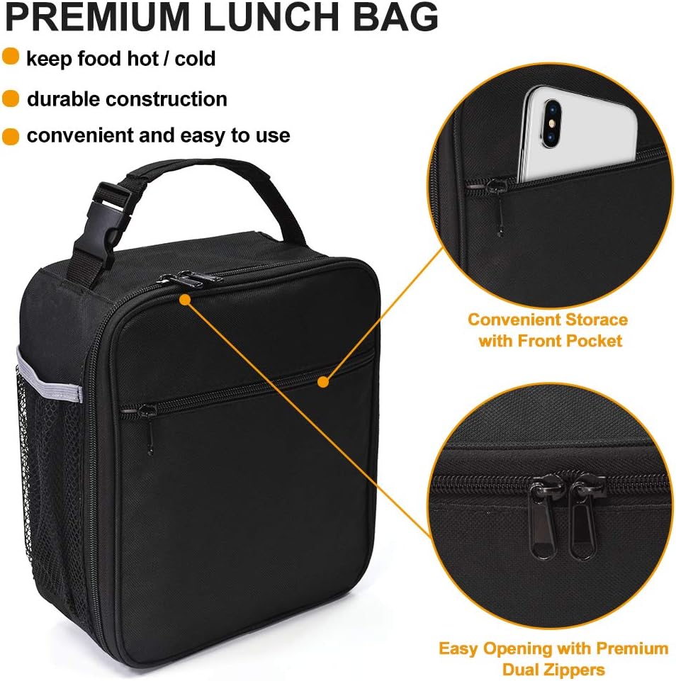 Insulated Lunch Bag, Leakproof Portable Lunch Box for Women Men Boys Girls, Large Capacity Cooler Bag with Handle and Bottle Pocket for Office School Camping Hiking Outdoor Beach Picnic (Black) - PuriLite