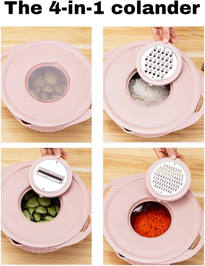 4 in 1 Colander with Bowl Set, Double Layer Fruit Cleaner, Salad Spinner, Rotatable Strainers, for Draining Cooked Pasta, Noodles,Vegetables, Fruits and Rice (Beige) - PuriLite