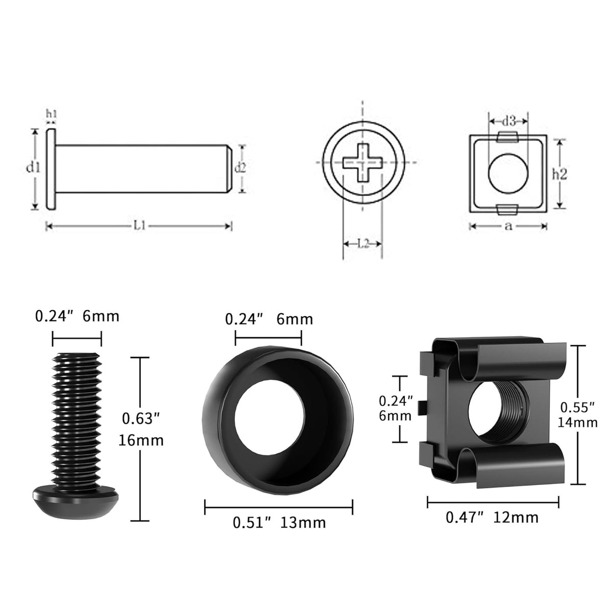 XOOL 50 PCS M6 x16mm Rack Mount Cage Nuts, Screws and Washers for Rack Mount Server Cabinet,Rack Mount Server Shelves,Routers,Rack Mount Screws and Square Insert Nuts,Self-Locking Cable Ties for Free - PuriLite
