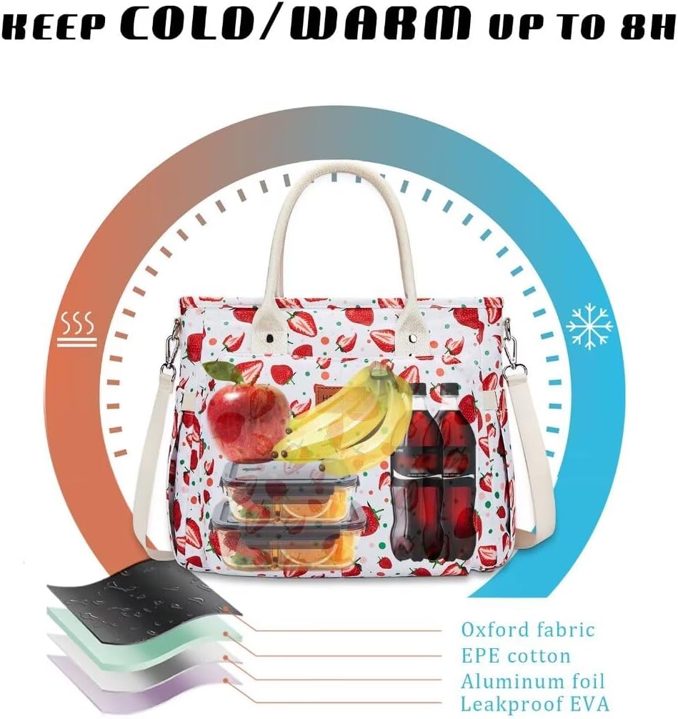 Lunch Bag for Women, Insulated Lunch Box for Work, Large Leakproof Cooler Purse with Side Pockets & Removable Shoulder Strap Women's Lunch Tote Bag for Picnic Work Beach Cute Lunch Bags (Heart) - PuriLite