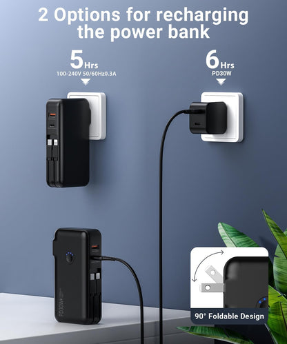 Portable Charger, Power Bank, 16000mAh Power Bank Built-in AC Wall Plug and Cables, PD 30W and QC4.0 Fast Charger for iPhone and Android Phones and Most Electronic Devices (Black) - PuriLite
