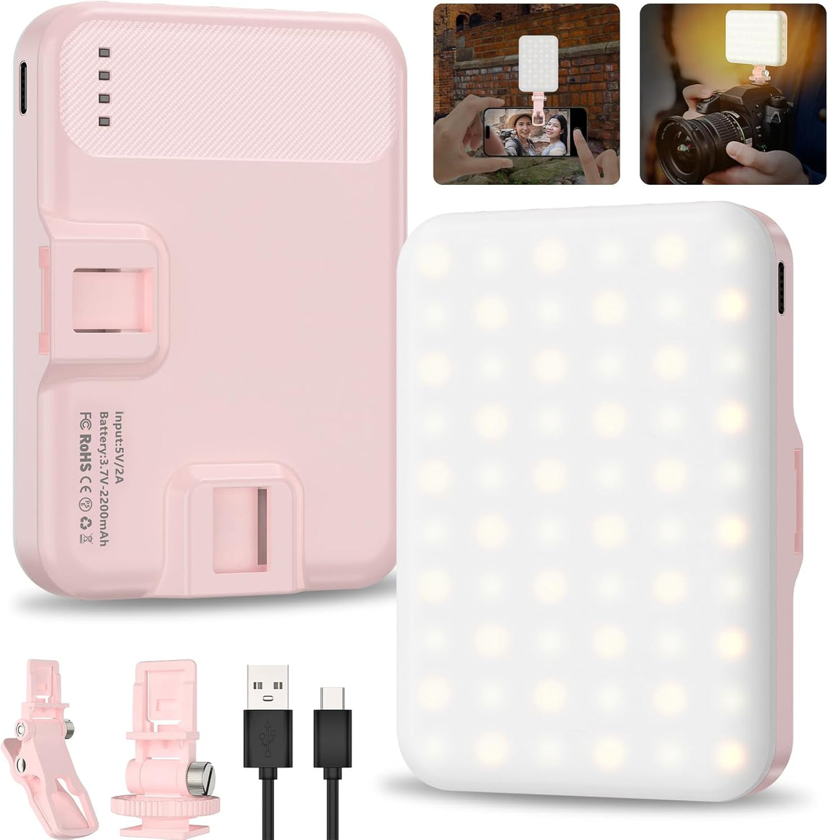 Anautin Selfie Light, 60 LED 2200mAh Rechargeable Clip Fill Video Light (Black) - PuriLite