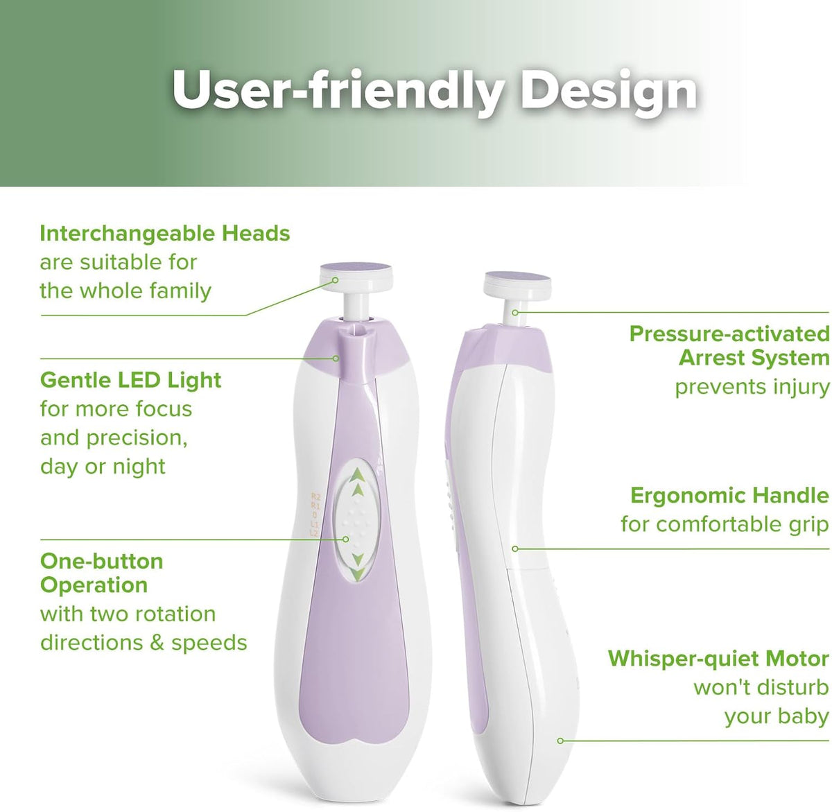 haakaa Baby Nail Trimmer Electric Safe Baby Nail Clippers Baby Nail File Kit Manicure Set, Trim Polish Grooming kit for Newborn Toddler or Adults Toes Fingernails, 6 Grinding Heads and LED Light - PuriLite
