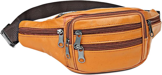 iSunTop Genuine Leather Fanny Pack Waist Bag Waterproof Hip Belt Bag Organizer with Adjustable Belt Multiple Pockets Waist Pack for Sport Travel Hiking(Khaki) - PuriLite
