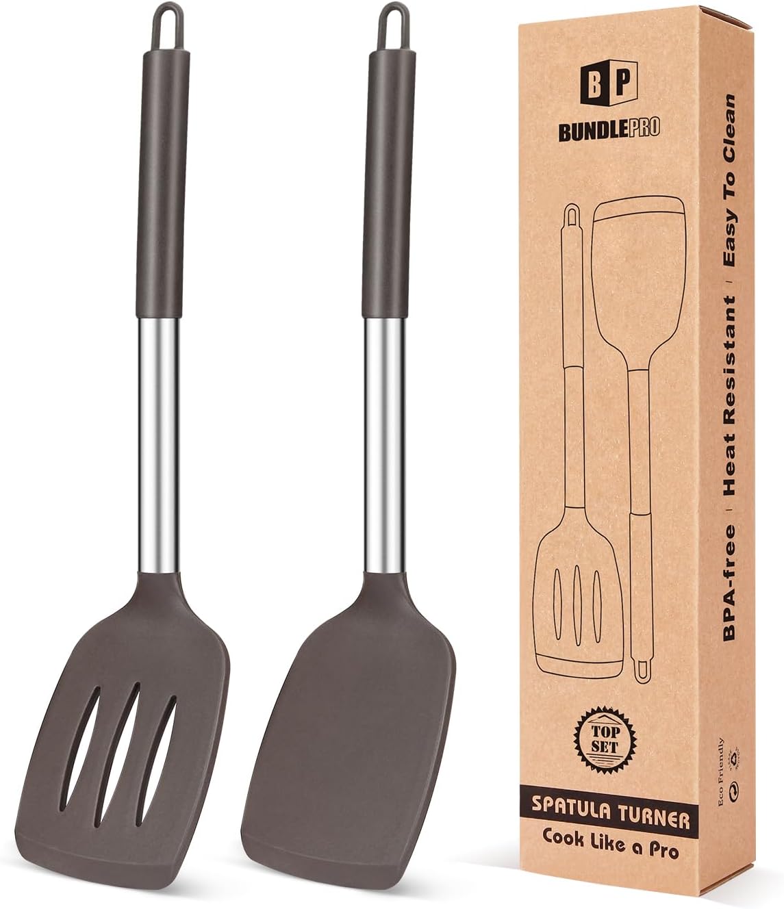 Pack of 2 Silicone Slotted Spatula,Non Stick Solid Kitchen Turner, High Heat Resistant BPA Free Cooking Utensils for Fish, Eggs, Pancakes（Black - PuriLite