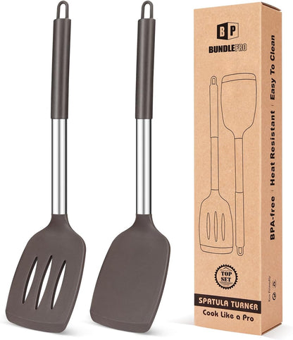 Pack of 2 Silicone Slotted Spatula,Non Stick Solid Kitchen Turner, High Heat Resistant BPA Free Cooking Utensils for Fish, Eggs, Pancakes（Black - PuriLite
