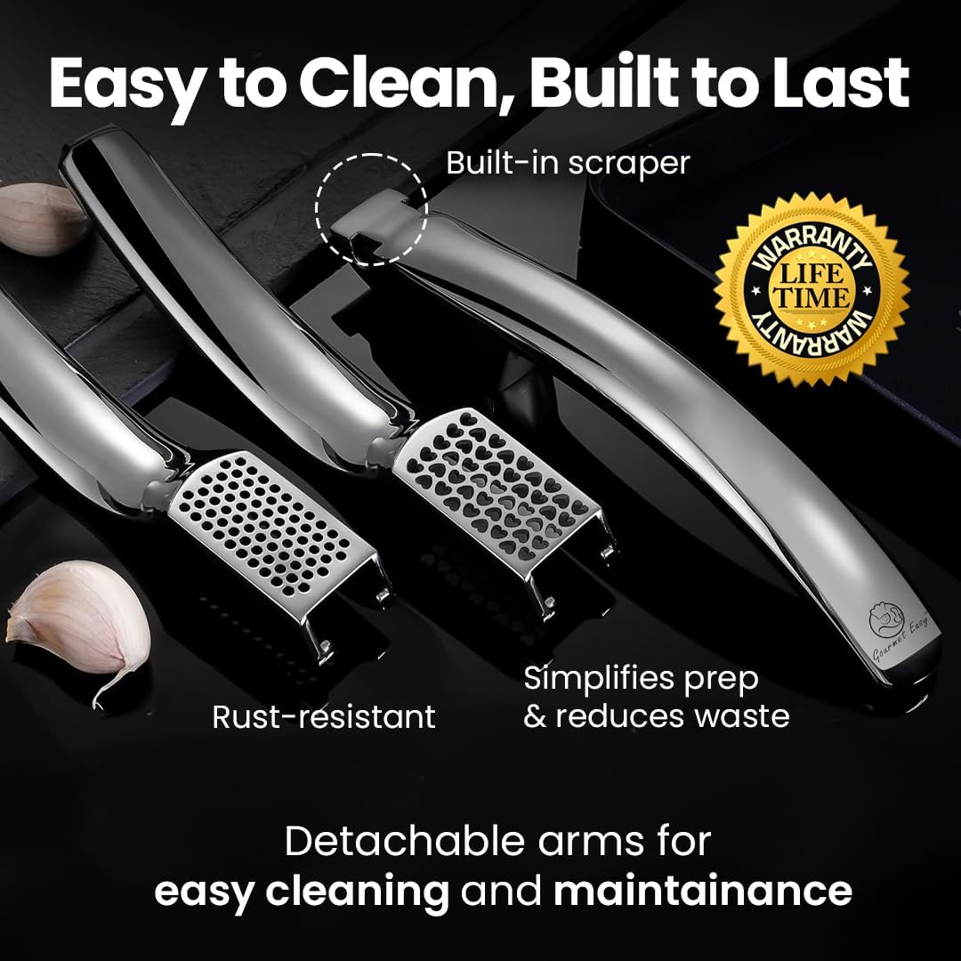 Gourmet Easy Lifetime Replace Garlic Press, No Need to Peel, Fine & Coarse Detachable Design for Easy Cleaning, Ergonomic Handle for Effortless Press, Stainless Steel Rust-Resistant, Dishwasher Safe