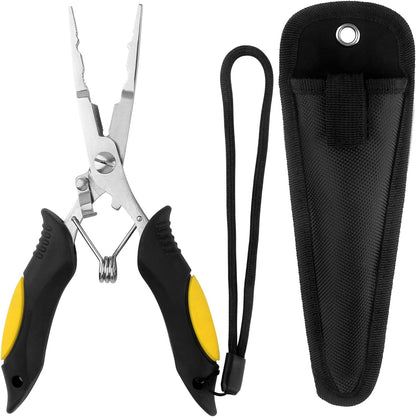 Fishing Pliers Stainless Steel Hook Remover Braid Cutter Rustproof Saltwater Split Ring Pliers Fishing Multi-Tools with Sheath and Lanyard - PuriLite
