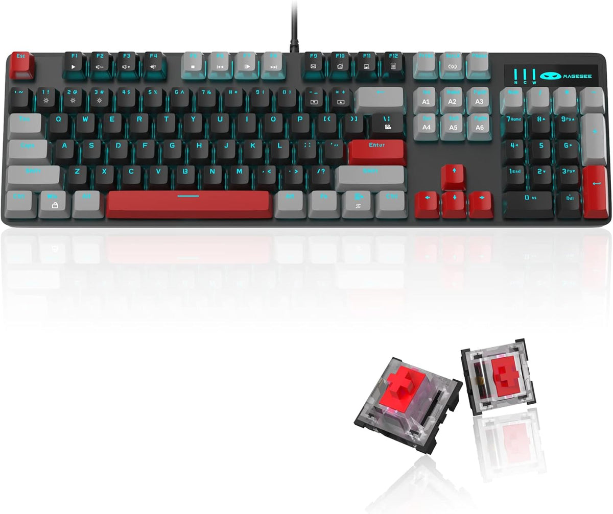 Mechanical Gaming Keyboard, 104 Keys White Backlit Mechanical Keyboards with Red Switches & Double-Shot Keycaps, MageGee Wired Ergonomic Computer Keyboard for Desktop, PC Gamers (White & Blue) - PuriLite