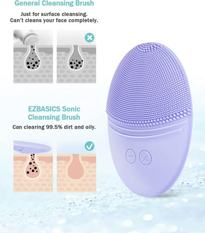 EZBASICS Sonic Facial Cleansing Brush Made with Ultra Hygienic Soft Silicone, Waterproof Sonic Vibrating Face Brush for Deep Cleansing, Gentle Exfoliating and Massaging, Inductive Charging Blue - PuriLite