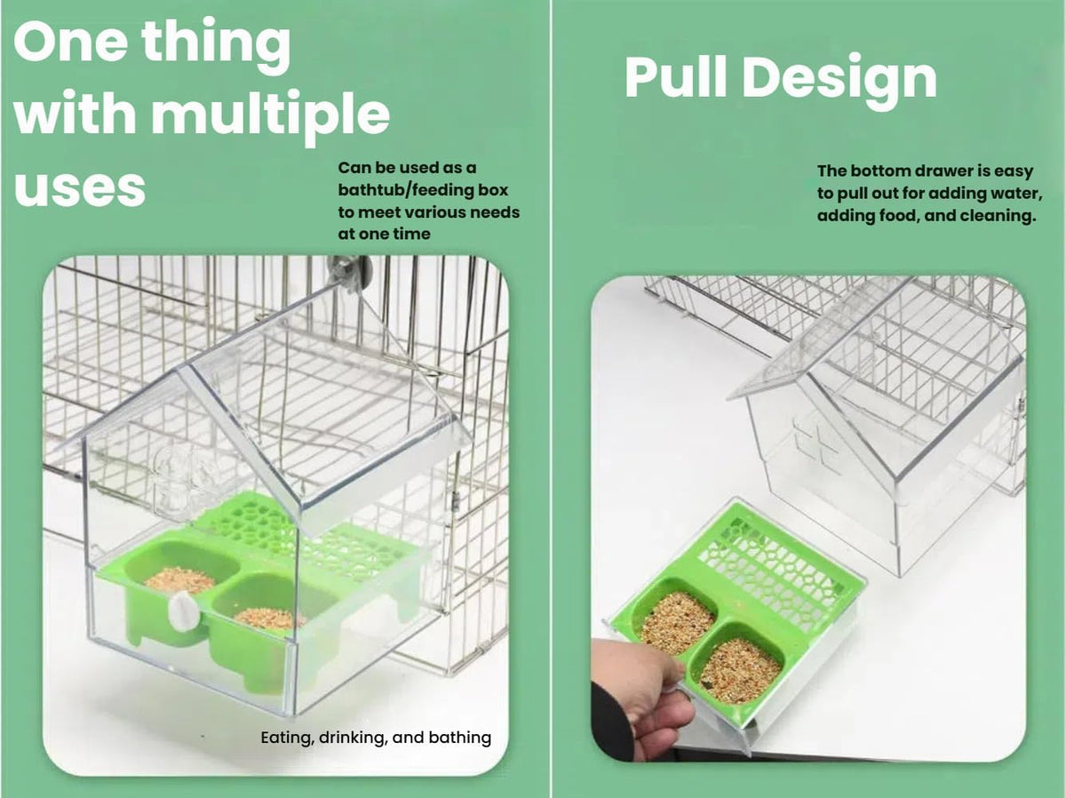 Pull-Out External Parrot Feeder, No Mess Pet Bird Feeders for Cage, Decorative Transparent Bird Bath Tub Easy to Fill, Birds Feeding & Watering Supplies for Parrots (2pcs White)
